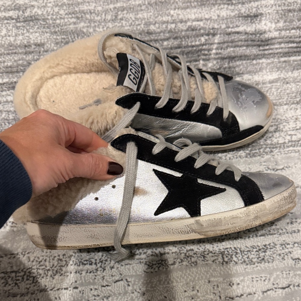 Golden Goose Metallic Faux Fur Slides